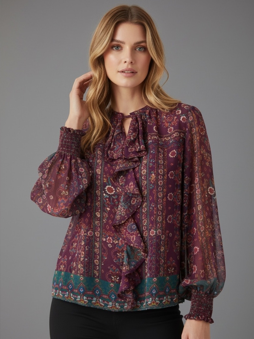 NWT 1. STATE Purple Floral Sheer Long Sleeve Ruffle Front Blouse Size X-Large - Picture 2 of 5
